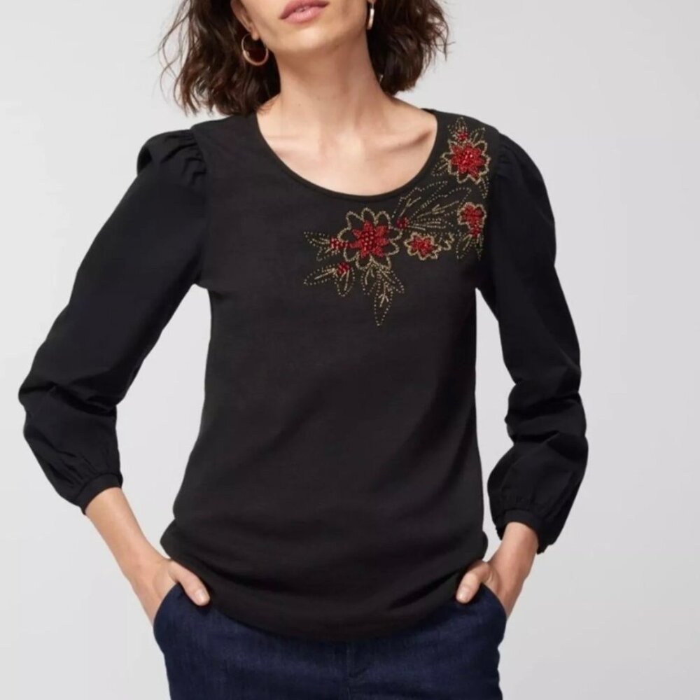 Chicos Womens Embellished Flower Puff Sleeve Top Beaded Black Cotton size Large